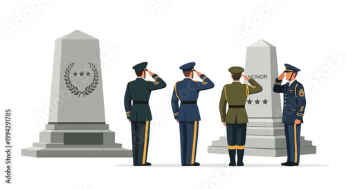 Illustration of four soldiers in different uniforms saluting two memorial monuments on a white background with a solemn mood.