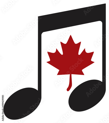 Musical note with red maple leaf symbol inside, vector logo for Canadian music.