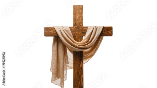 Φωτογραφία Rustic wooden cross draped with flowing beige fabric