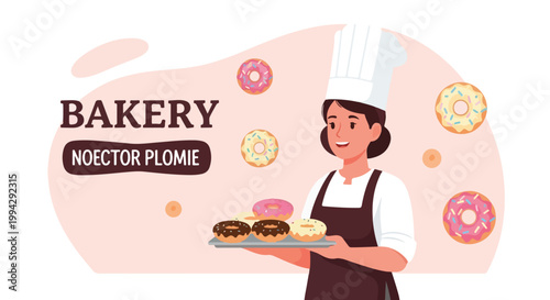 Illustration of a baker holding a tray of pastries and donuts in a bakery setting with colorful desserts.