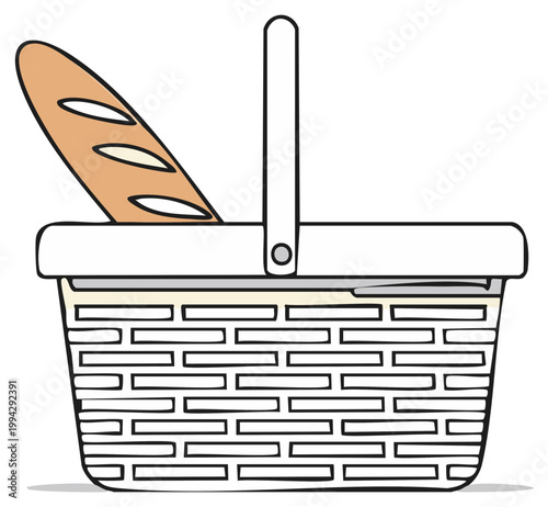 Simple cartoon illustration of a white woven picnic basket with a loaf of French bread baguette for an outdoor lunch
