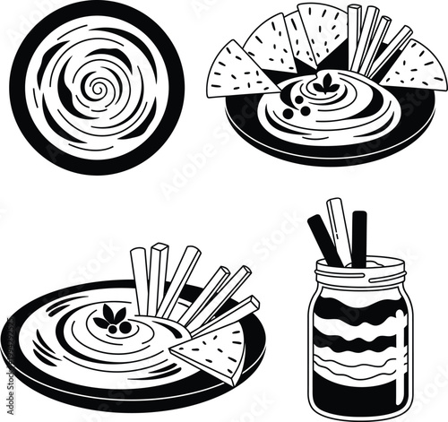 Black and white of hummus and pita chips snack food