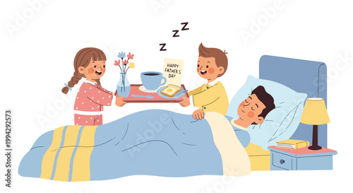 A young girl presenting a breakfast tray to a sleeping man in bed with a smiling boy sitting up in bed, against a clean white background with a soft, warm color palette.