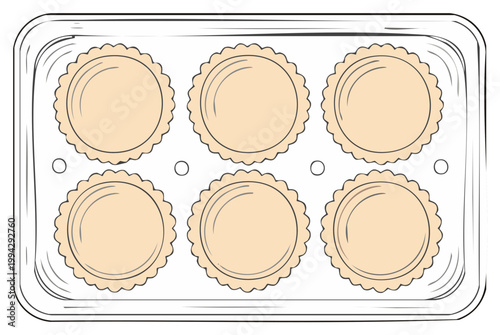 Sketch illustration of fresh round ravioli pasta in a tray top view