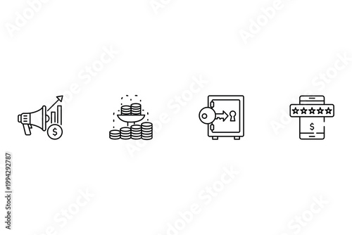 Business finance and investment strategy collection featuring marketing analytics wealth accumulation secure vault banking and mobile rating icon vector illustration set.