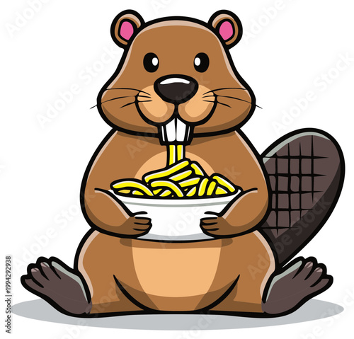 Cute cartoon beaver happily eating golden french fries from a bowl