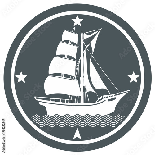 Monochrome vector emblem of a historic tall ship sailing in a circular frame with stars