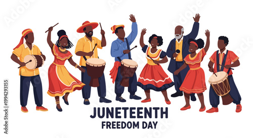 Illustration of diverse people dancing and playing drums to celebrate Juneteenth Freedom Day with vibrant colors and lively composition.