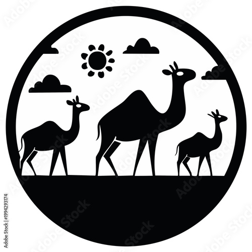 Three camels walk across a desert landscape under a stylized sun and clouds within a circle