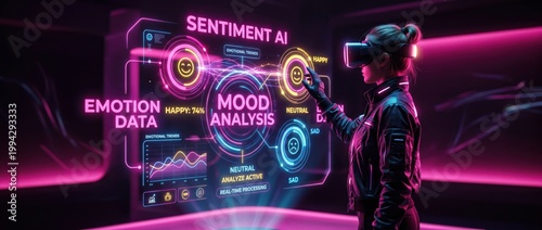 Woman using VR headset interacting with holographic mood analysis interface during digital data visualization