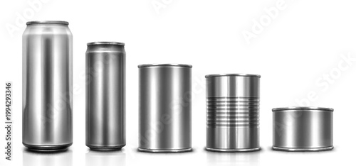 3d metal can mockup with ribbed surface, realistic texture, vector illustration isolated on white background. Aluminum or tin cylinder template for food, soda drinks or paint product, packaging design