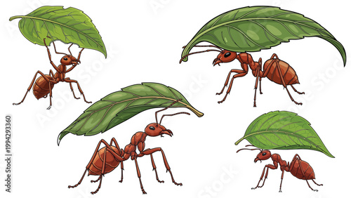Leafcutter Ants Carrying Green Leaves Vector Set, Realistic Red Worker Ants Isolated on Transparent Background