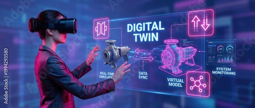 Woman using VR headset interacts with digital twin pump simulation in futuristic interface