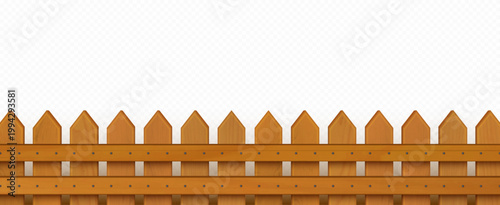 Wooden fence border vector illustration, realistic wood texture, iron nails, garden gate element. 3d rustic barrier design for farm or countryside yard enclosure, isolated on transparent background