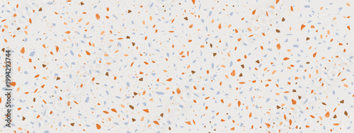 Seamless terrazzo pattern with color marble chips and stone fragments. Vector realistic illustration of modern floor texture with orange and grey mosaic elements for contemporary terrazzo interiors