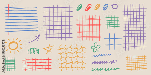 Hand drawn grid pattern with pencil doodle lines or color crayon strokes, cartoon vector texture on white background. Abstract checkered sketch elements for creative school design, scribble icon