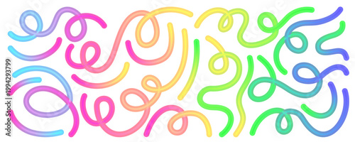 Abstract squiggle doodle curved wavy lines in dynamic pattern, vector illustration isolated on white background. Vibrant rainbow gradient twists and loops, modern graphic design with fluid shapes