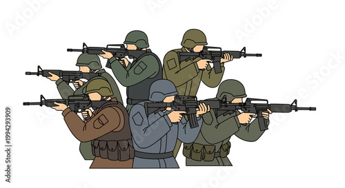 Soldiers in tactical gear aiming rifles.