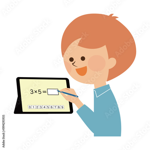 タブレット端末で勉強する子供のイラスト