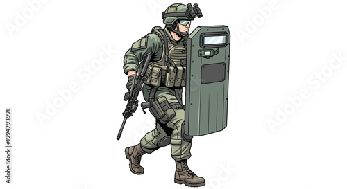 Soldier with shield and rifle.