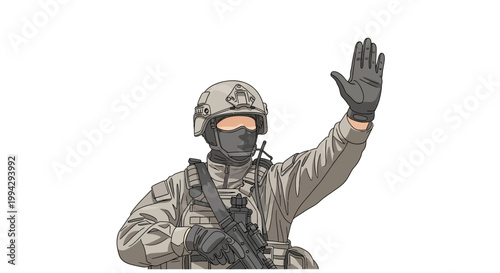 Soldier in camouflage waving hand.