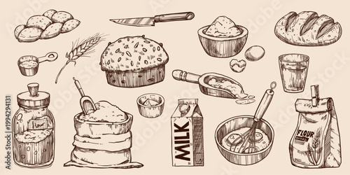 Hand drawn bakery sketch vector illustrations isolated on background. Flour bag and milk pack, wheat spikelet with grains, rye bread loaf and knife. Rustic vintage elements set with sieve, recipe book