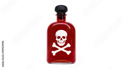Red glass bottle with black cap and skull crossbones label