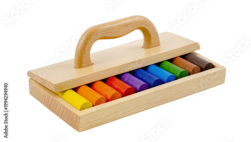 Wooden crayon box with colorful wax crayons inside