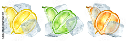 Fresh citrus fruit slices with ice cubes isolated on white background. Vector realistic illustration of lemon, lime and orange with frozen water rocks, refreshing drink package or summer menu design