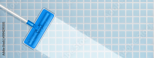 Tile floor sparkling after mopping with effective cleaner. Vector realistic illustration of mop washing bathroom or kitchen floor surface, modern home interior with spotless trace on glossy tiles