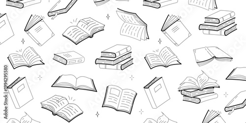 Seamless sketch pattern with open books flying on white background. Vector illustration of literature festival, library, reading club or book shop banner, education event, creative reading campaign
