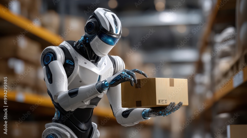Fototapeta premium A humanoid robot inspects a cardboard box in an industrial warehouse setting, showcasing advanced automation and robotics technology.