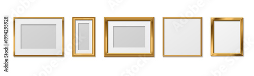 Elegant gold frames with wooden or metal borders for photos and artwork, 3d realistic vector set isolated on white background. Classic golden picture design for certificates and paintings