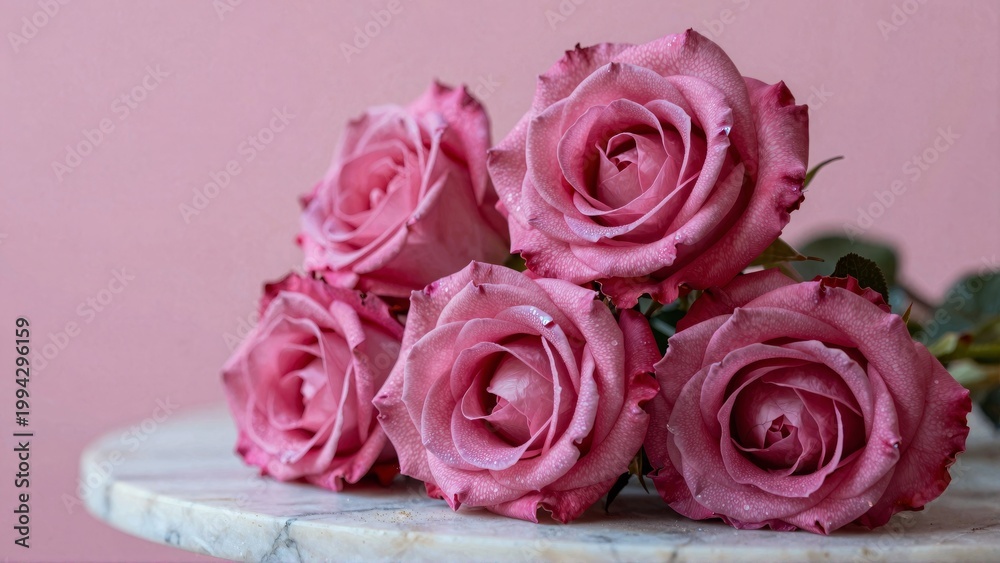 Fototapeta premium Pink Roses Bouquet on Marble Table with Dew Drops, Romantic Style