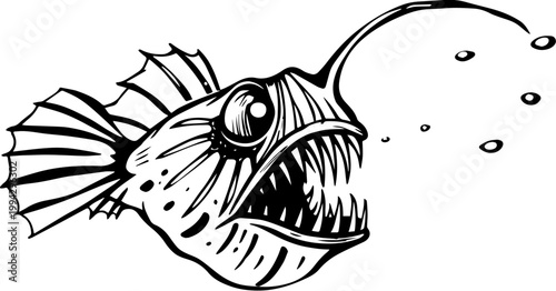 SVG dark nautical horror in eerie uncanny ocean waters vector. Sinister Deep Sea Creature with Sharp Teeth and Glowing Lure