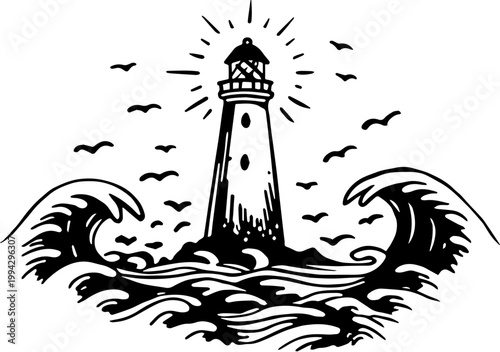 SVG dark nautical horror in eerie uncanny ocean waters vector. Striking Black and White Lighthouse Amidst Wild Ocean Waves