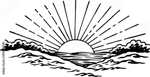 SVG dark nautical horror in eerie uncanny ocean waters vector. Serene Dawn Over Ocean Waves with Dramatic Sun Rays in Black and White