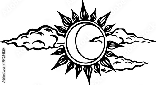 SVG dark nautical horror in eerie uncanny ocean waters vector. Nautical Horror Scene with Sun and Moon Over Waters and Clouds