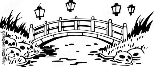 SVG dark nautical horror in eerie uncanny ocean waters vector. Eerie Bridge Over Dark Waters with Hints of Horror and Mystery