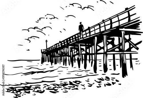 SVG dark nautical horror in eerie uncanny ocean waters vector. Black and White Illustration of Pier over Ocean Waves and Clouds