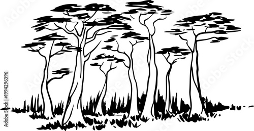 SVG dark nautical horror in eerie uncanny ocean waters vector. Eerie Forest Illustration with Surreal Trees and Dark Atmosphere