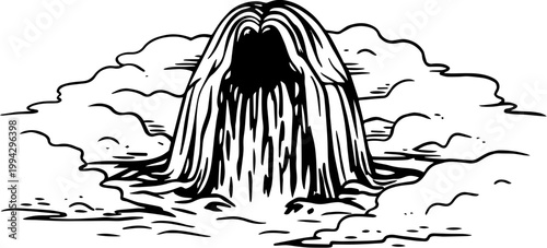 SVG dark nautical horror in eerie uncanny ocean waters vector. Eerie Waterscape with Gushing Waterfall Surrounded by Foggy Atmosphere