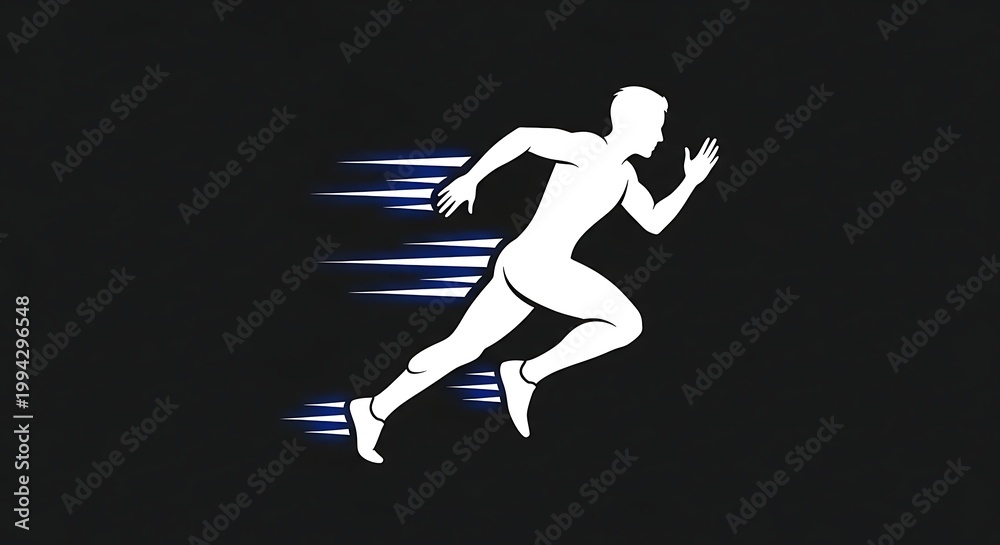 Obraz premium Silhouette of a male runner in motion, conveying speed and athleticism, against a dark background.