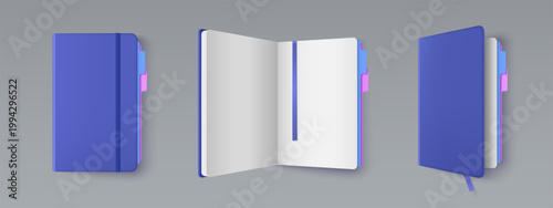 Realistic 3D notebook mockup with empty white pages, bookmark and blue cover. Vector realistic illustration of open and closed notepad template for corporate branding, office stationery design