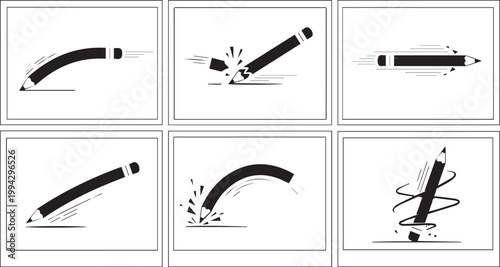 Dynamic black and white vector illustration graphics showcasing various animated pencil movements and actions in a storyboard layout