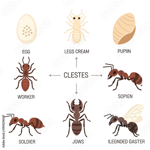 Ant Life Cycle and Colony Castes Infographic, Flat Design Insect Stages Egg Larva Pupa Worker Soldier Queen Isolated on Transparent Background