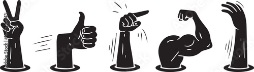 This creative vector illustration features a set of five expressive hand gestures including a peace sign, a thumbs up, a pointing finger, a strong bicep flex, and a waving hand designed in a bold flat