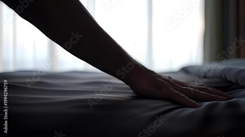 Close Up Of A Hand Gently Touching A Dark Grey Wrinkled Sheet With Soft Window Light