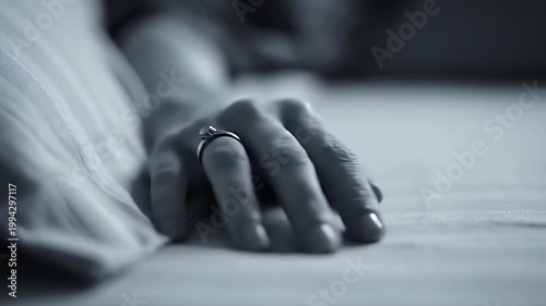 Close Up of a Ring on a Woman's Hand Resting on a Textured Surface with Soft Lighting