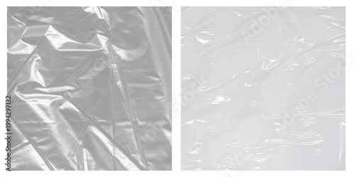 Valokuva Clear plastic vinyl wrap set - transparent packaging materials, glossy protective film sheets with classic sticker, pink barcode label, price tag of retail display for storage and shipping purposes
